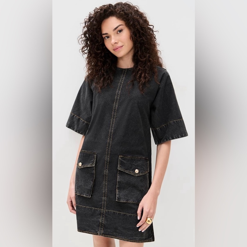 Ganni Washed Stretch Cotton Boxy Kimono Mini Dress in Black